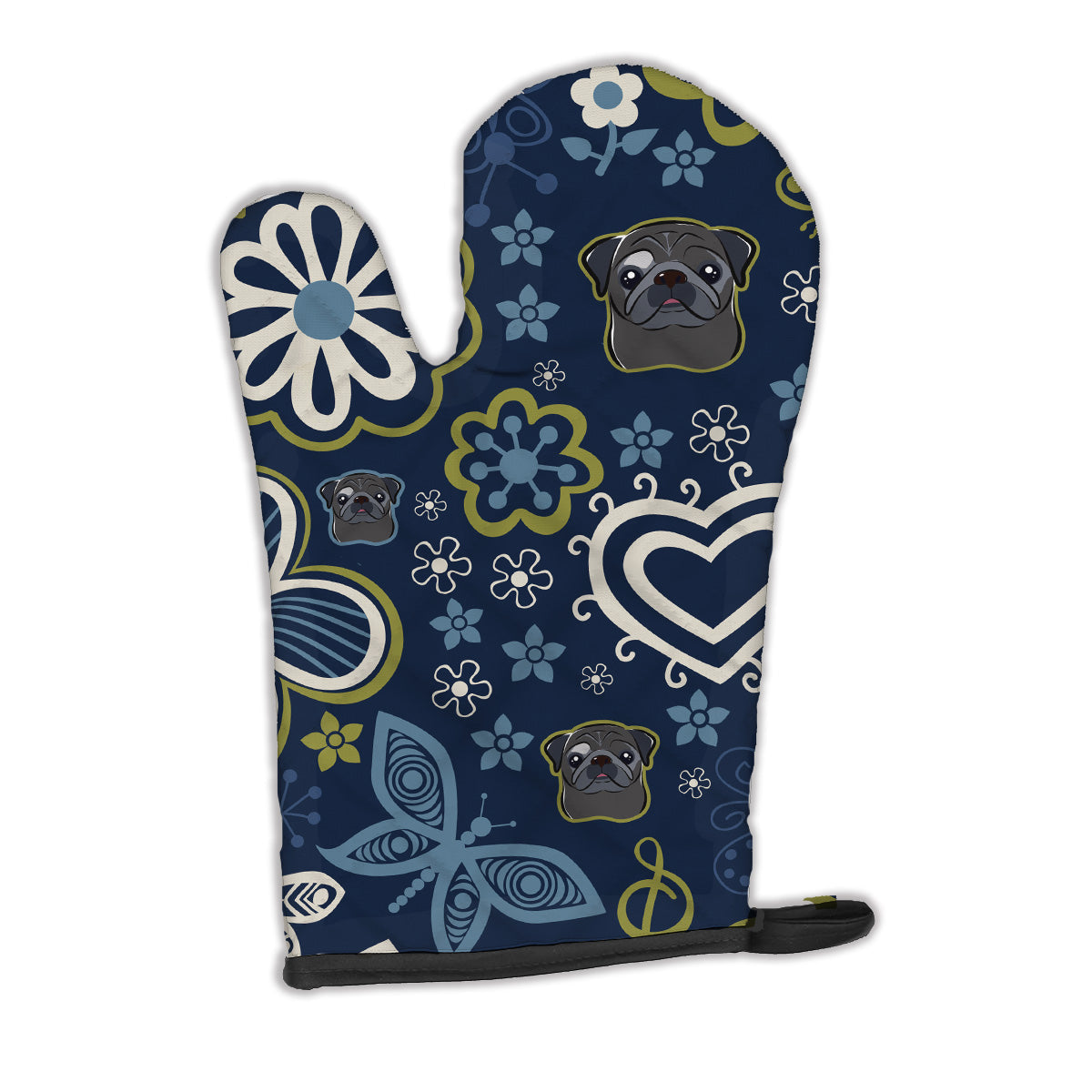 Blue Flowers Black Pug Oven Mitt Heat Resistant Thick Oven Mitt for Hot Pans and Oven, Kitchen Mitt Protect Hands, Cooking Baking Glove