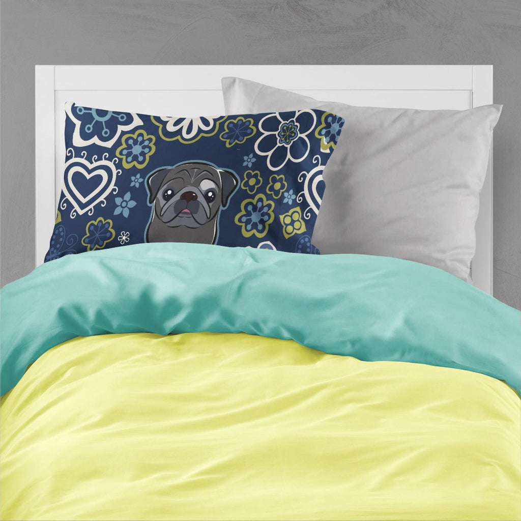 Blue Flowers Black Pug Standard Pillowcase Lightweight Super Soft Easy Care Decorative Artwork Pillowcase, Standard