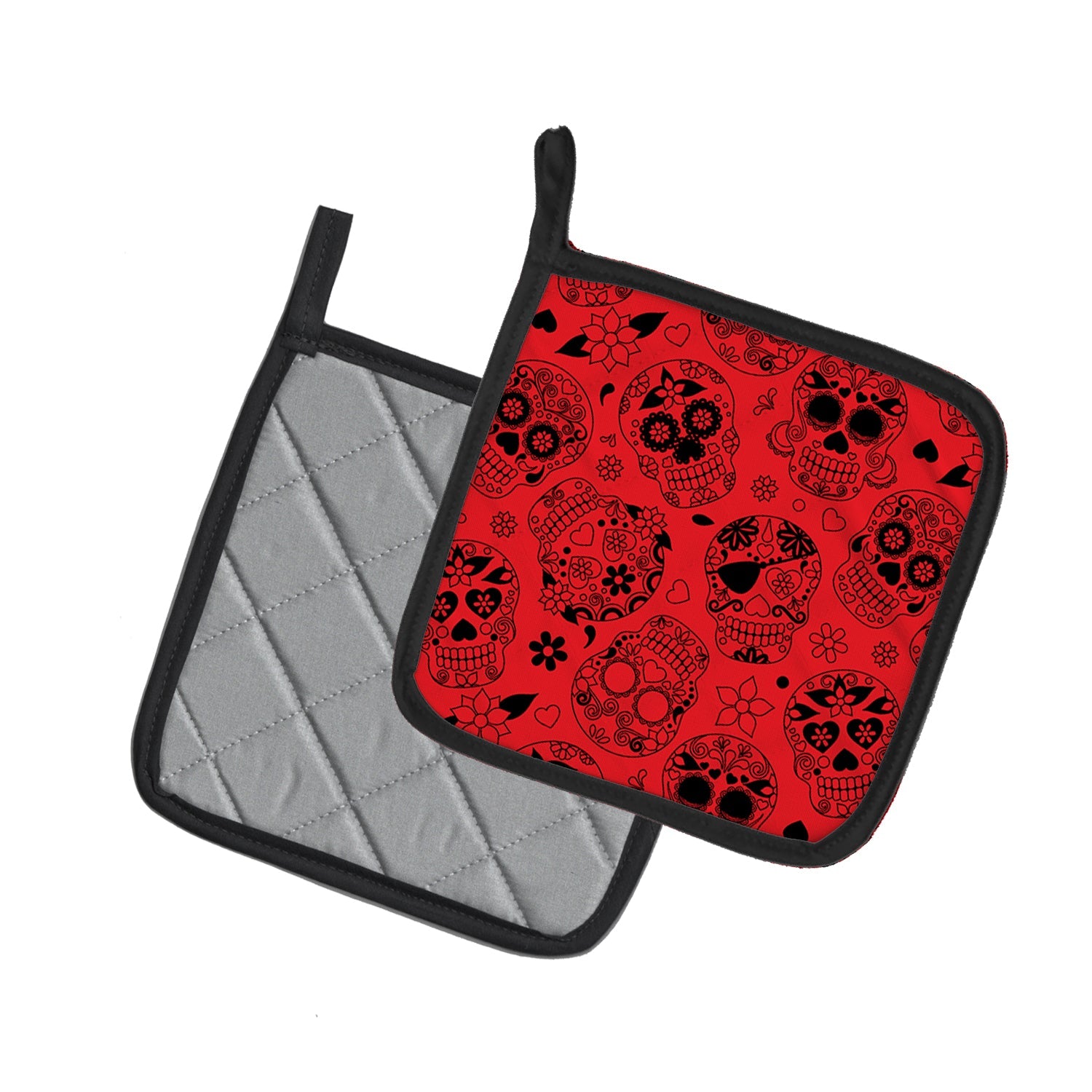 Day of the Dead Red Pot Holder Set of 2 Heat Resistant Quilted Hot Pads 7.5 x 7.5 Inch, Insulated Kitchen Trivets for Cooking & Baking