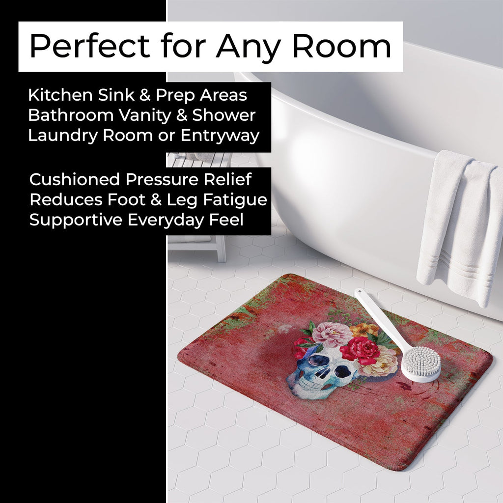 Day of the Dead Red Flowers Skull  Memory Foam Kitchen Mat Machine Washable Anti-Fatigue Cushion Comfort Bath or Kitchen Rug