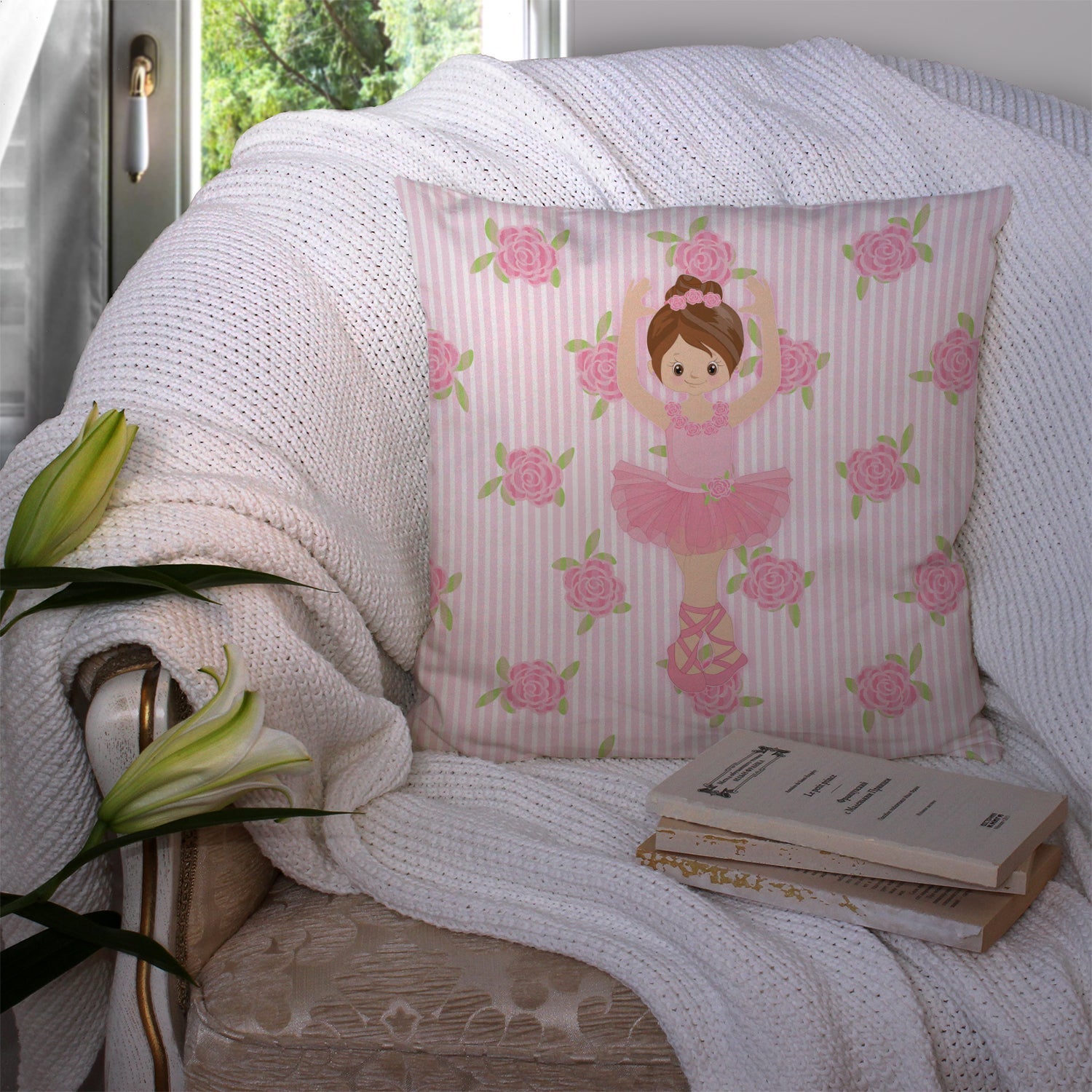 Ballerina Brunette Front Pose Decorative Throw Pillow 14x14 Indoor Outdoor Accent Cushion, Fabric Cover with Insert for Sofa, Bed, Porch & Living Room