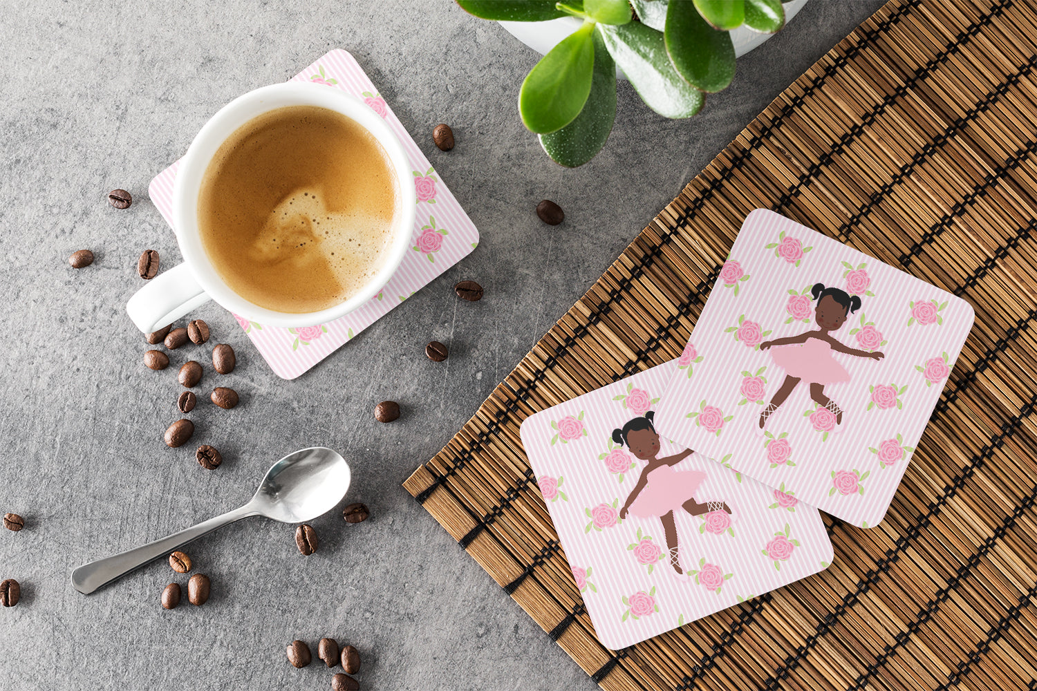 Ballerina African American Ponytails Foam Coasters Set of 4 Cup Coasters for Indoor Outdoor, Tabletop Protection, Anti Slip, Mouse pad Material