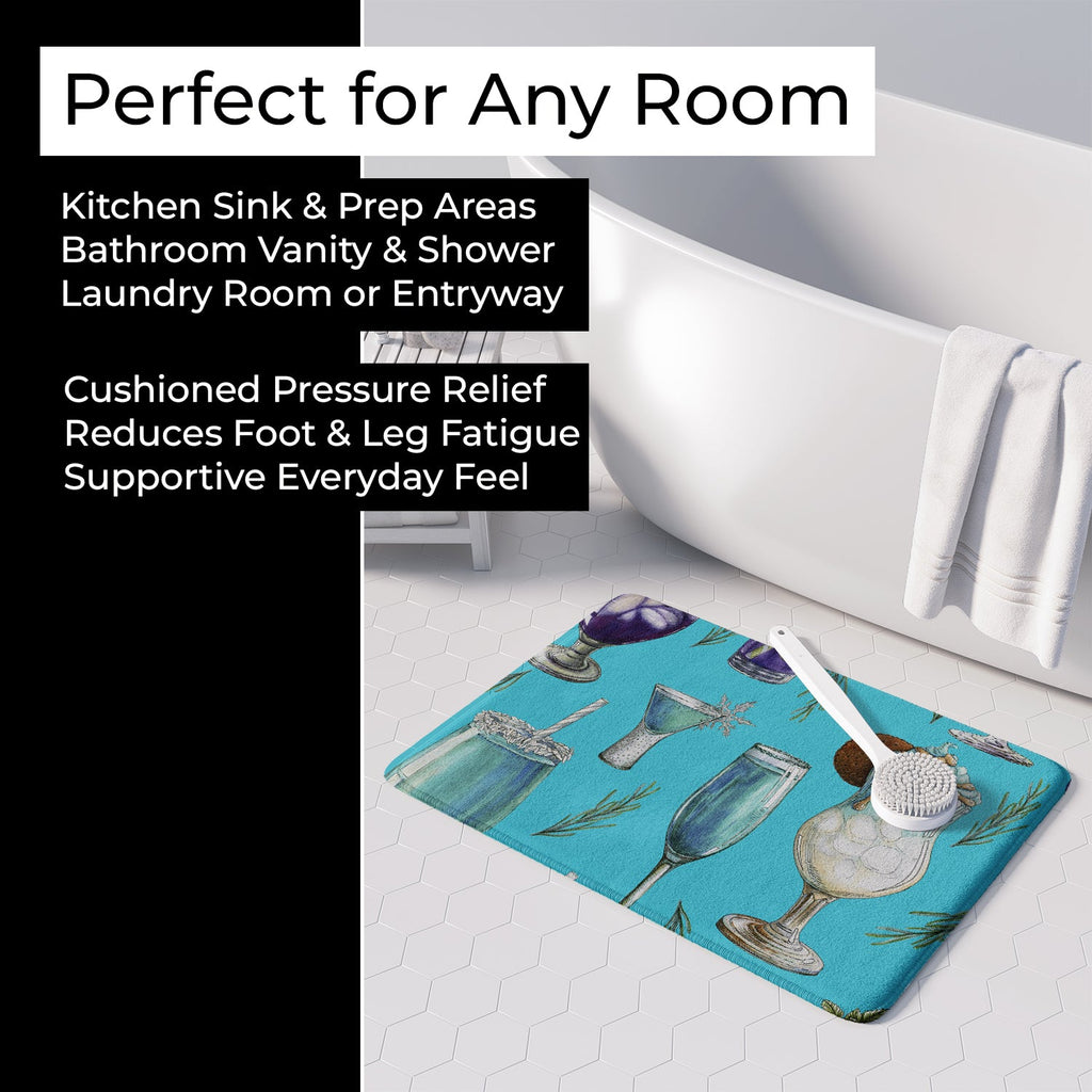 Drinks and Cocktails Blue Memory Foam Kitchen Mat Machine Washable Anti-Fatigue Cushion Comfort Bath or Kitchen Rug