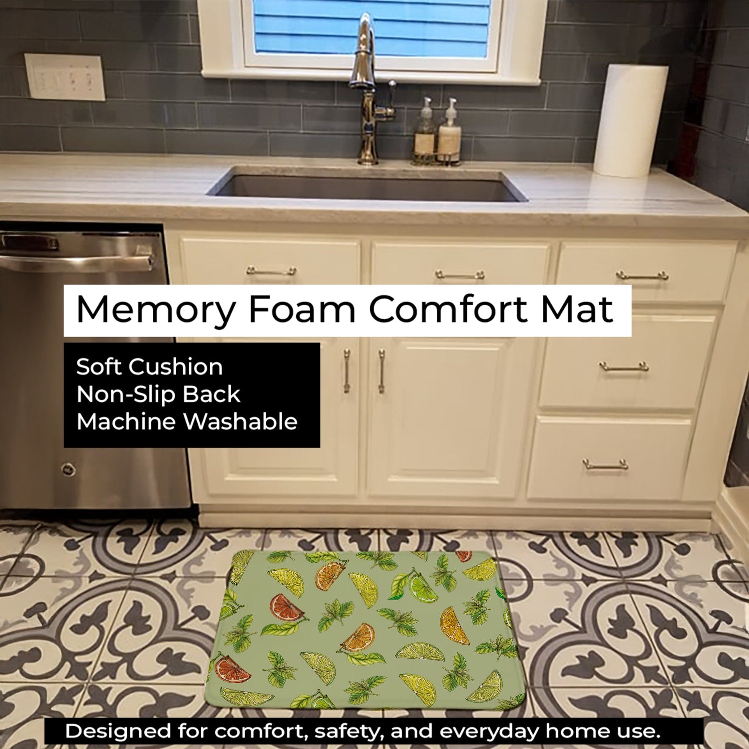 Lemons, Limes and Oranges Memory Foam Kitchen Mat Machine Washable Anti-Fatigue Cushion Comfort Bath or Kitchen Rug