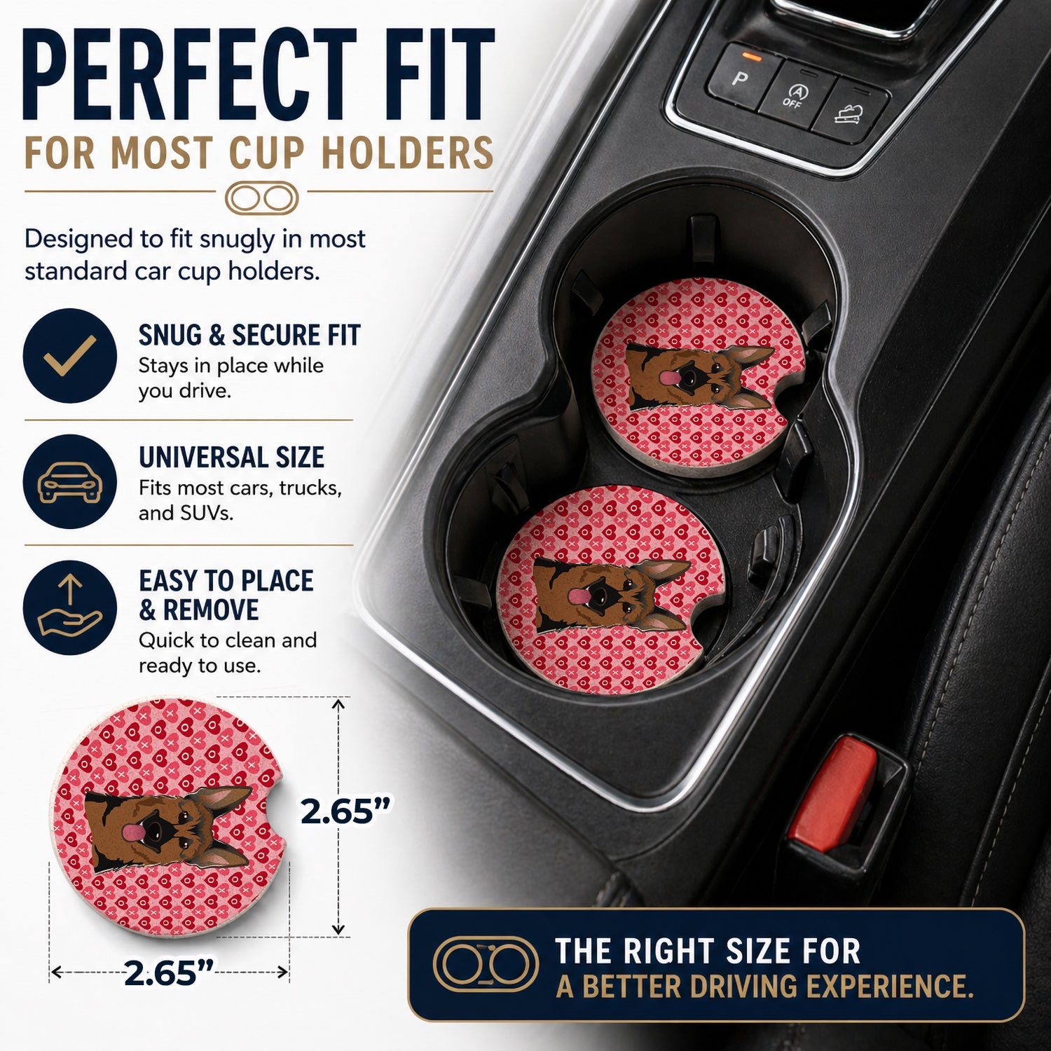German Shepherd Set of 2 Cup Holder Car Coasters Absorbent Round Sandstone Coasters Gifts for Men or Women, 2.5, Multicolor