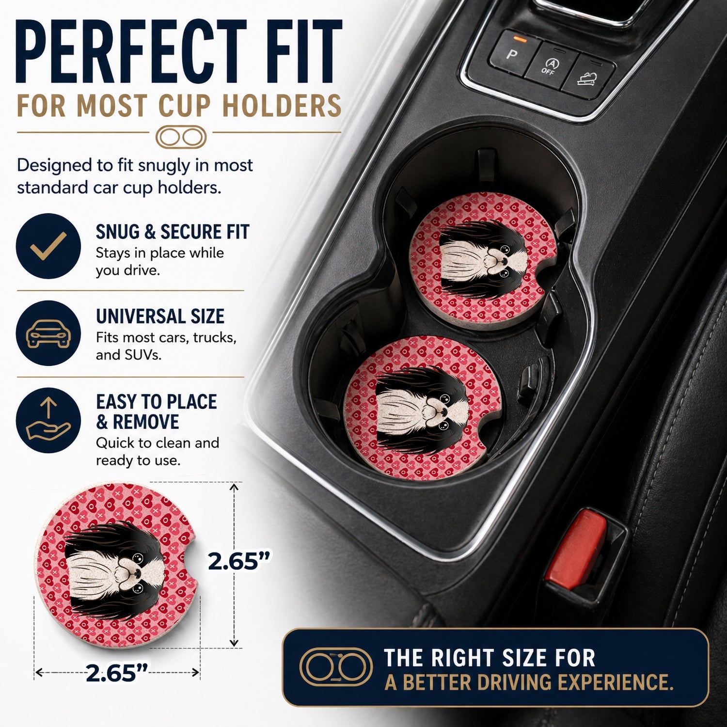 Japanese Chin Set of 2 Cup Holder Car Coasters Absorbent Round Sandstone Coasters Gifts for Men or Women, 2.5, Multicolor