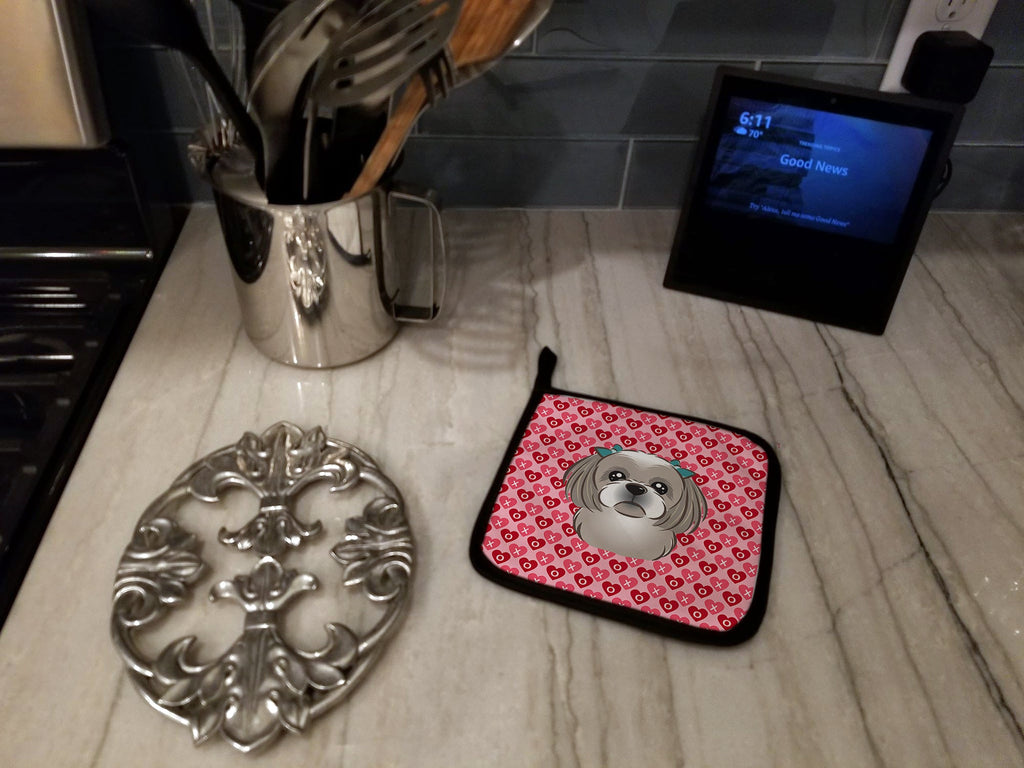 Gray Silver Shih Tzu Pot Holder Set of 2 Heat Resistant Quilted Hot Pads 7.5 x 7.5 Inch, Insulated Kitchen Trivets for Cooking & Baking