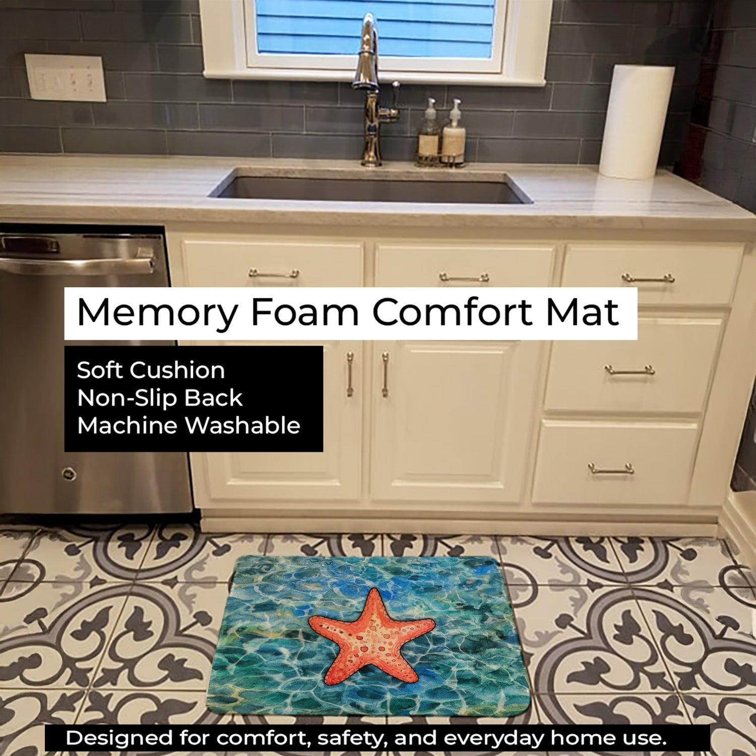 Starfish Memory Foam Kitchen Mat Machine Washable Anti-Fatigue Cushion Comfort Bath or Kitchen Rug