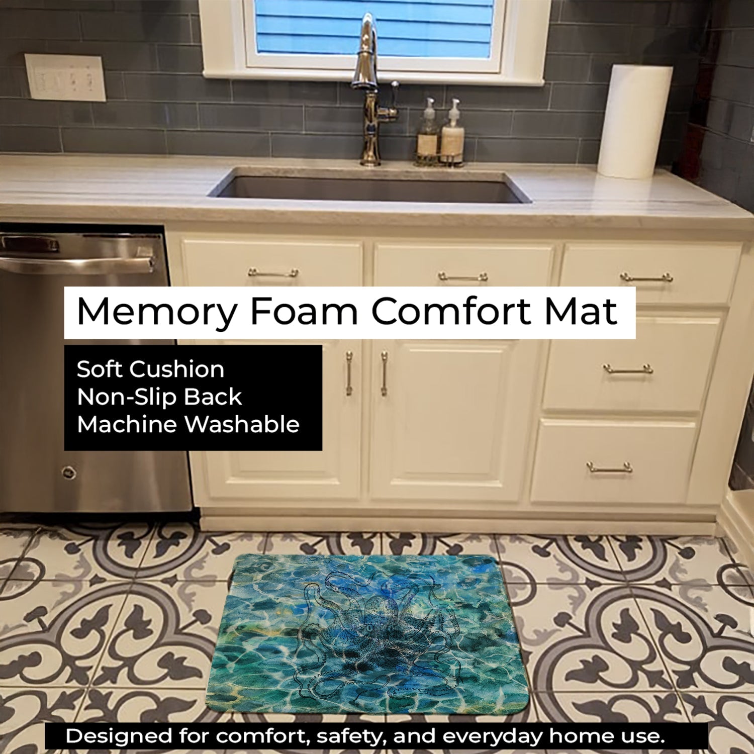 Octopus Under water Memory Foam Kitchen Mat Machine Washable Anti-Fatigue Cushion Comfort Bath or Kitchen Rug
