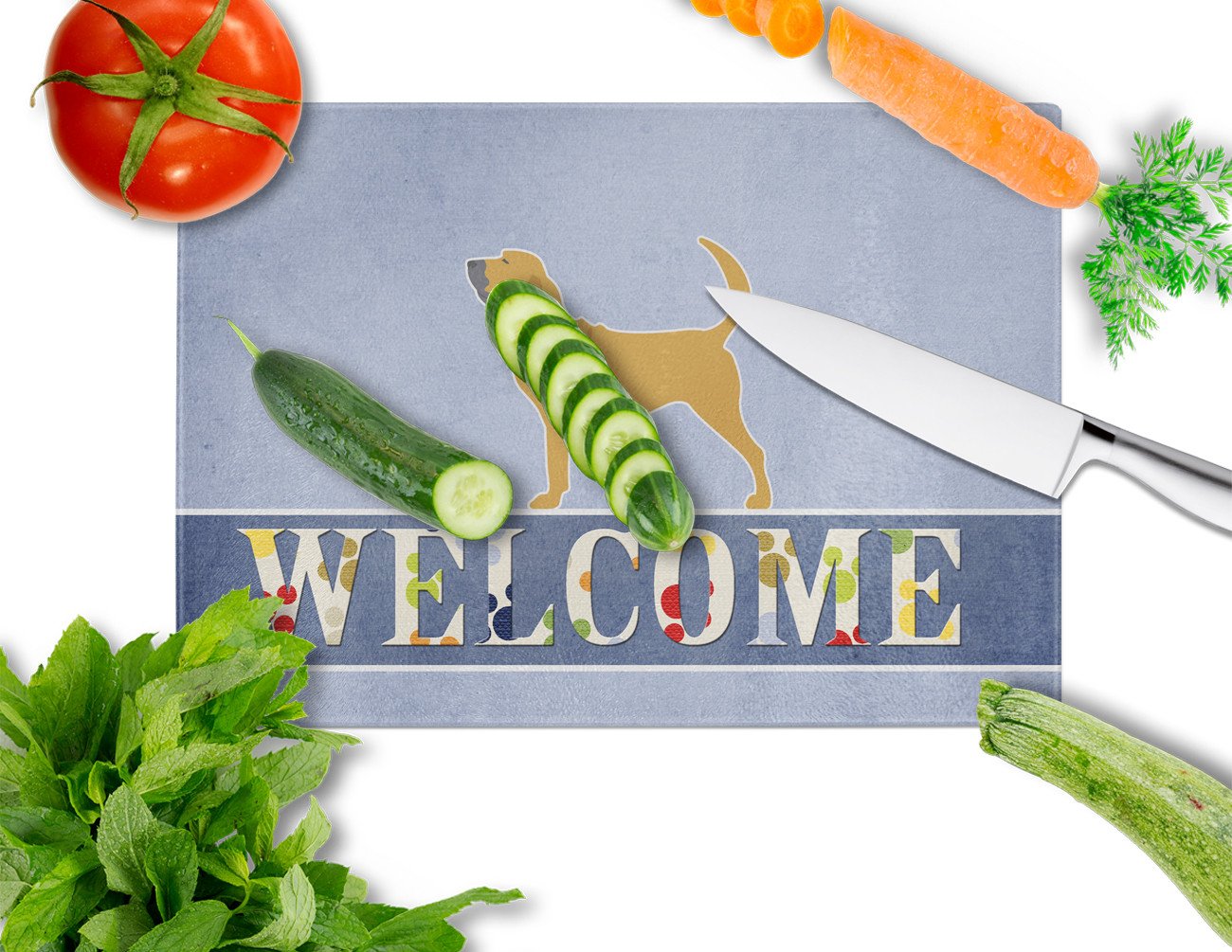 Bloodhound Welcome Cutting Board Tempered Glass Kitchen Cutting Surface, Heat Resistant Chopping, Non-Slip Feet, Food Prep & Serving