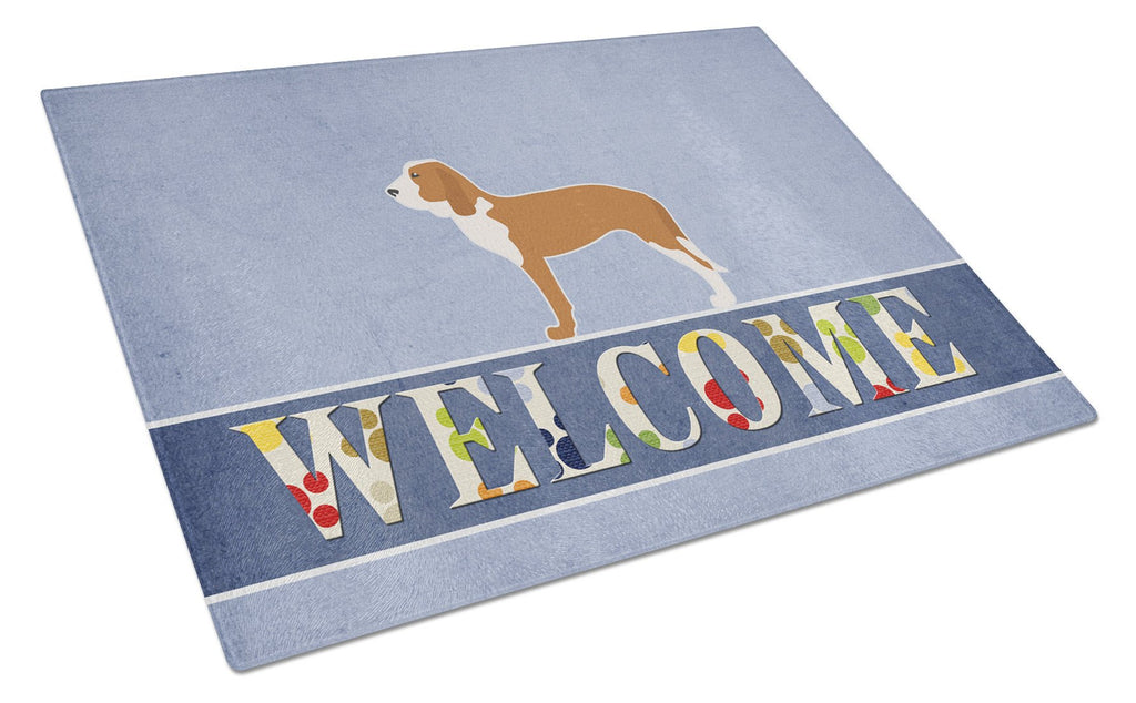 Spanish Hound Welcome Cutting Board Tempered Glass Kitchen Cutting Surface, Heat Resistant Chopping, Non-Slip Feet, Food Prep & Serving