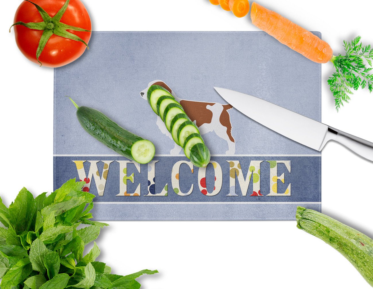 Welsh Springer Spaniel Welcome Cutting Board Tempered Glass Kitchen Cutting Surface, Heat Resistant Chopping, Non-Slip Feet, Food Prep & Serving