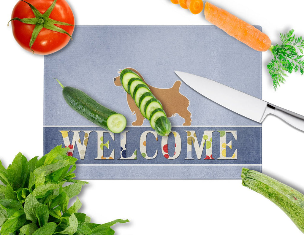 Norfolk Terrier Welcome Cutting Board Tempered Glass Kitchen Cutting Surface, Heat Resistant Chopping, Non-Slip Feet, Food Prep & Serving