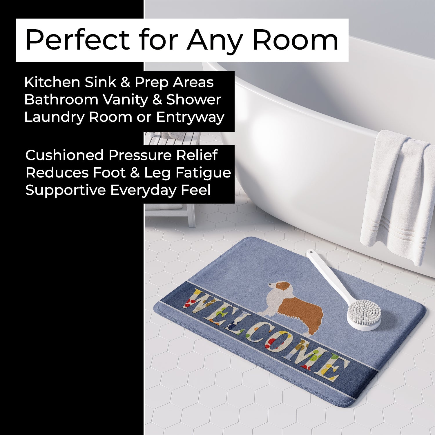 Australian Shepherd Dog Welcome Memory Foam Kitchen Mat Machine Washable Anti-Fatigue Cushion Comfort Bath or Kitchen Rug
