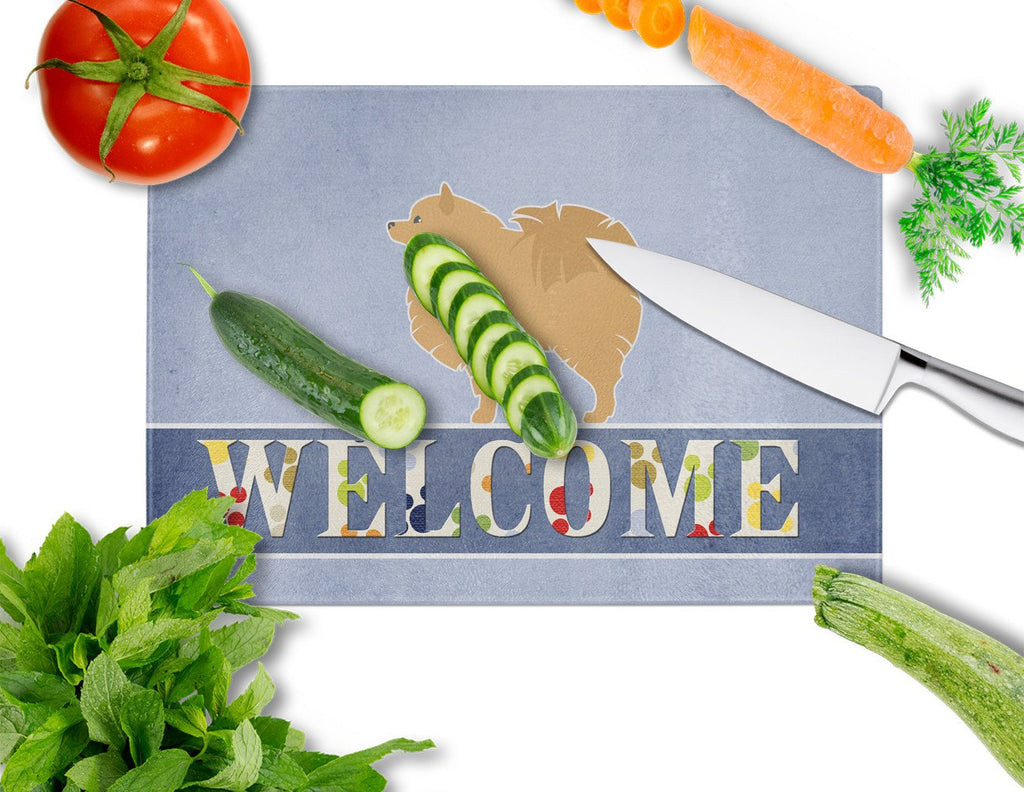 Pomeranian Welcome Cutting Board Tempered Glass Kitchen Cutting Surface, Heat Resistant Chopping, Non-Slip Feet, Food Prep & Serving