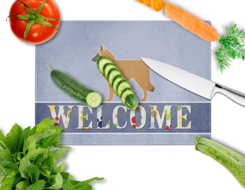 Belgian Shepherd Welcome Cutting Board Tempered Glass Kitchen Cutting Surface, Heat Resistant Chopping, Non-Slip Feet, Food Prep & Serving