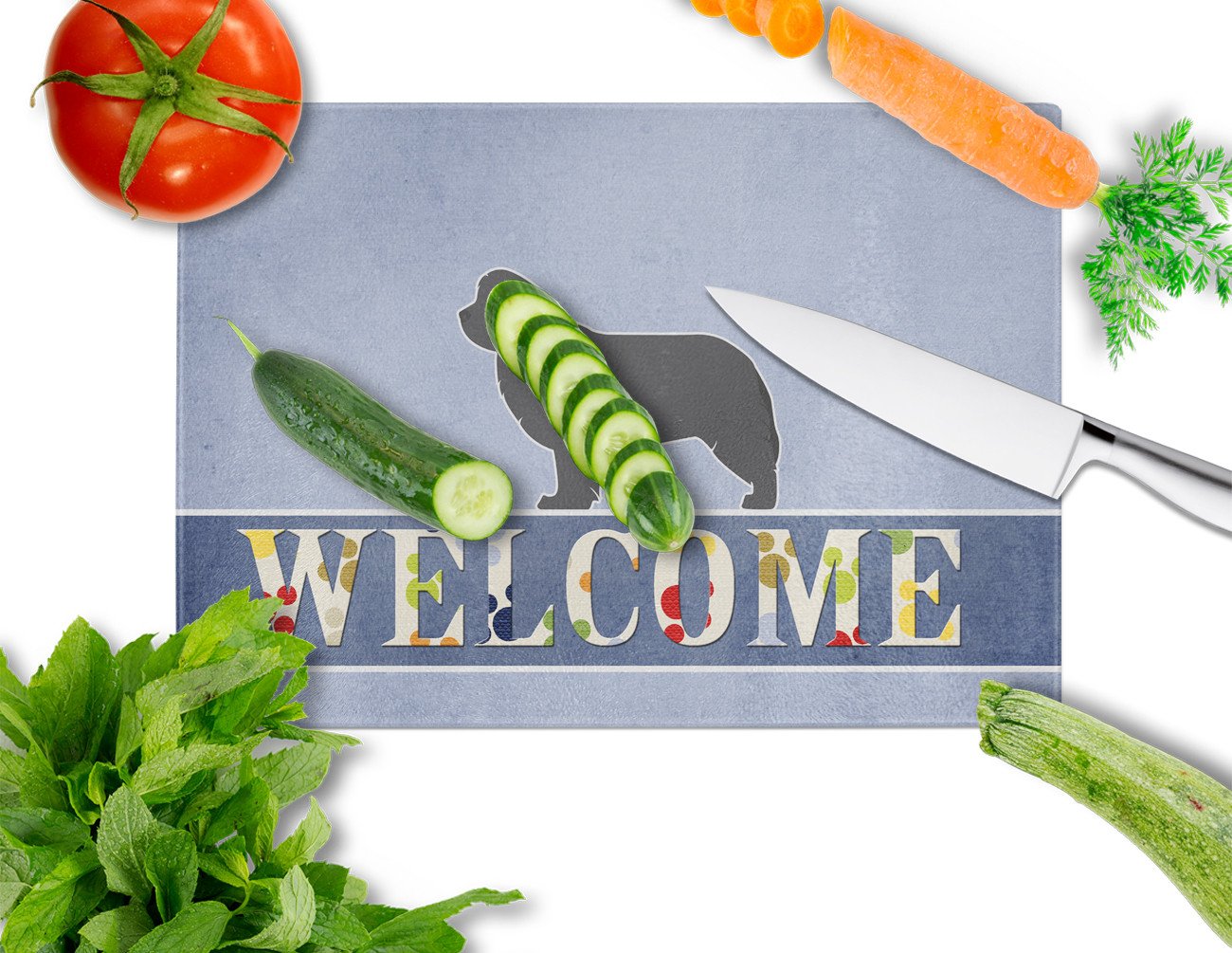 Newfoundland Welcome Cutting Board Tempered Glass Kitchen Cutting Surface, Heat Resistant Chopping, Non-Slip Feet, Food Prep & Serving