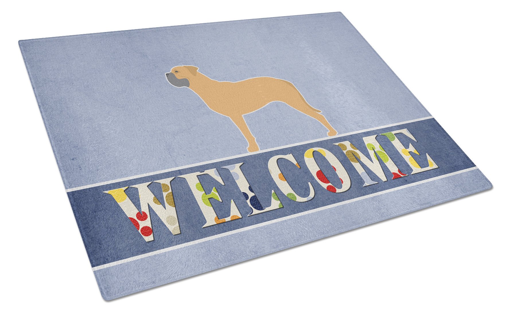 Bullmastiff Welcome Cutting Board Tempered Glass Kitchen Cutting Surface, Heat Resistant Chopping, Non-Slip Feet, Food Prep & Serving