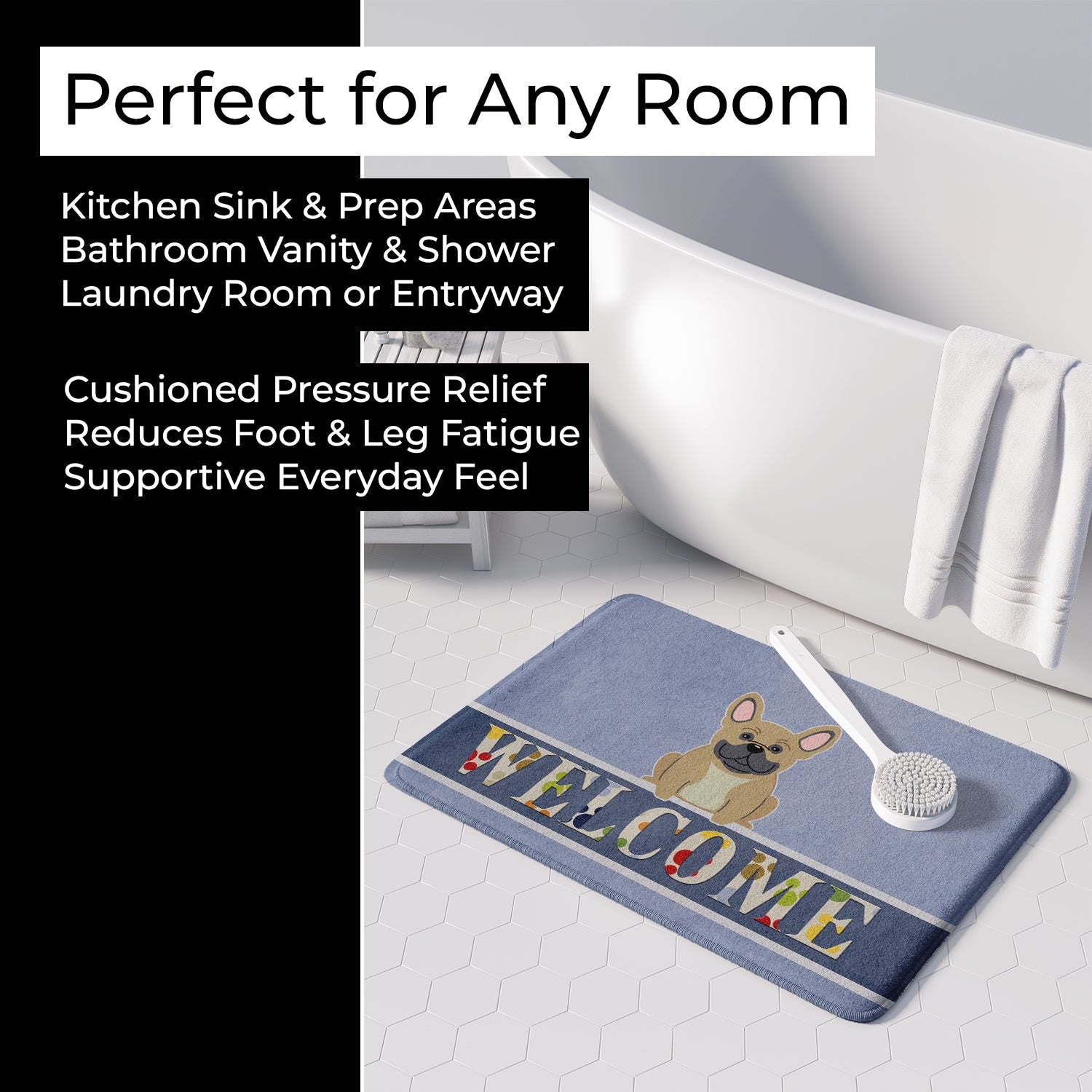 French Bulldog Cream Welcome Memory Foam Kitchen Mat Machine Washable Anti-Fatigue Cushion Comfort Bath or Kitchen Rug