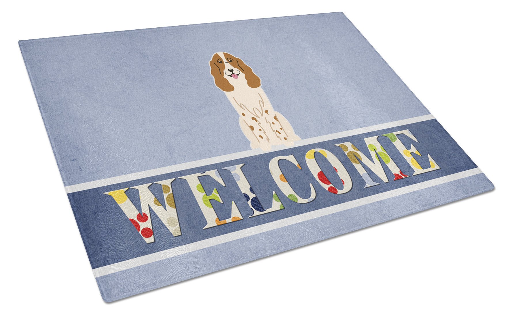 Russian Spaniel Welcome Cutting Board Tempered Glass Kitchen Cutting Surface, Heat Resistant Chopping, Non-Slip Feet, Food Prep & Serving