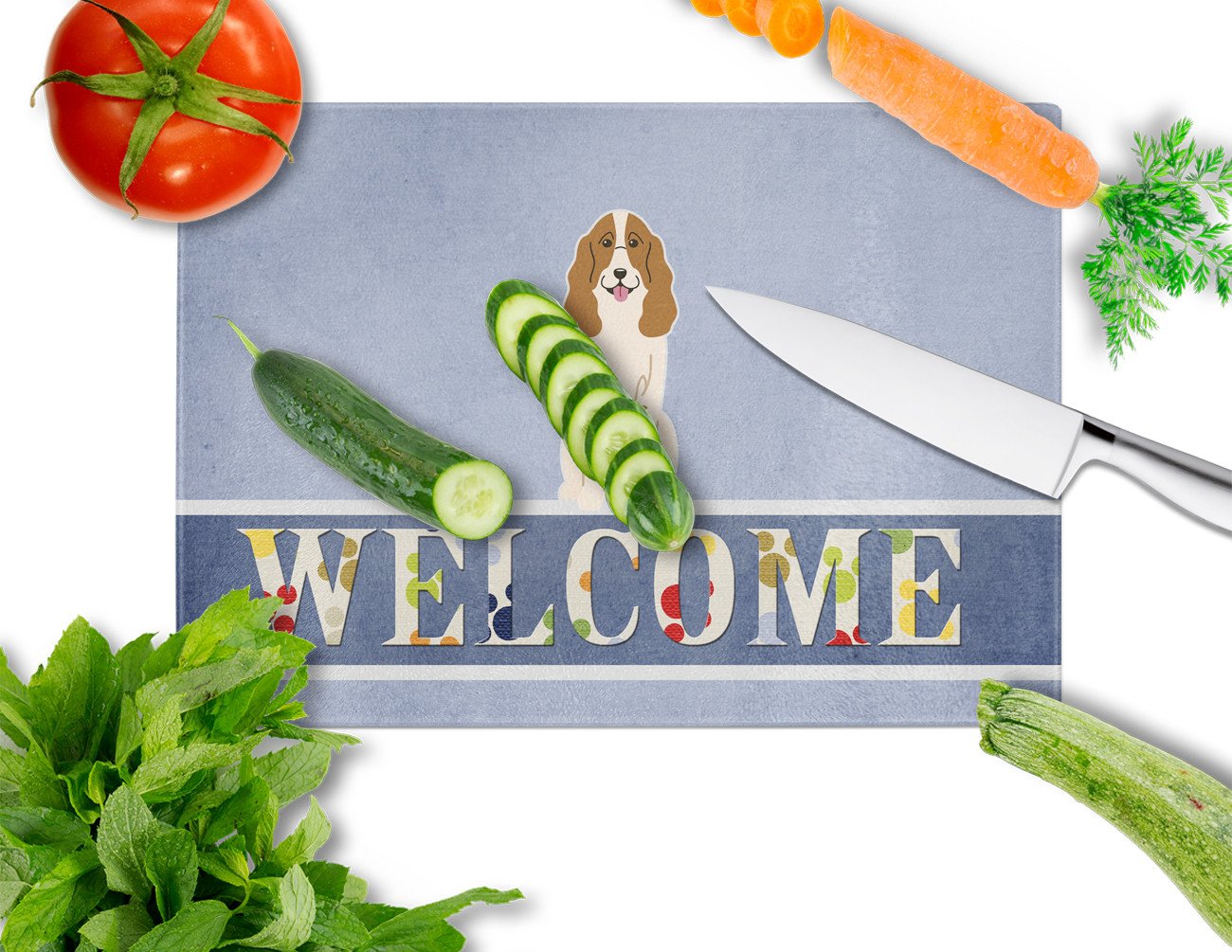Russian Spaniel Welcome Cutting Board Tempered Glass Kitchen Cutting Surface, Heat Resistant Chopping, Non-Slip Feet, Food Prep & Serving