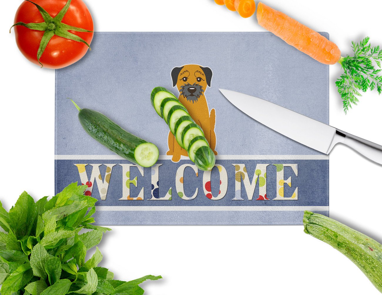 Border Terrier Welcome Cutting Board Tempered Glass Kitchen Cutting Surface, Heat Resistant Chopping, Non-Slip Feet, Food Prep & Serving