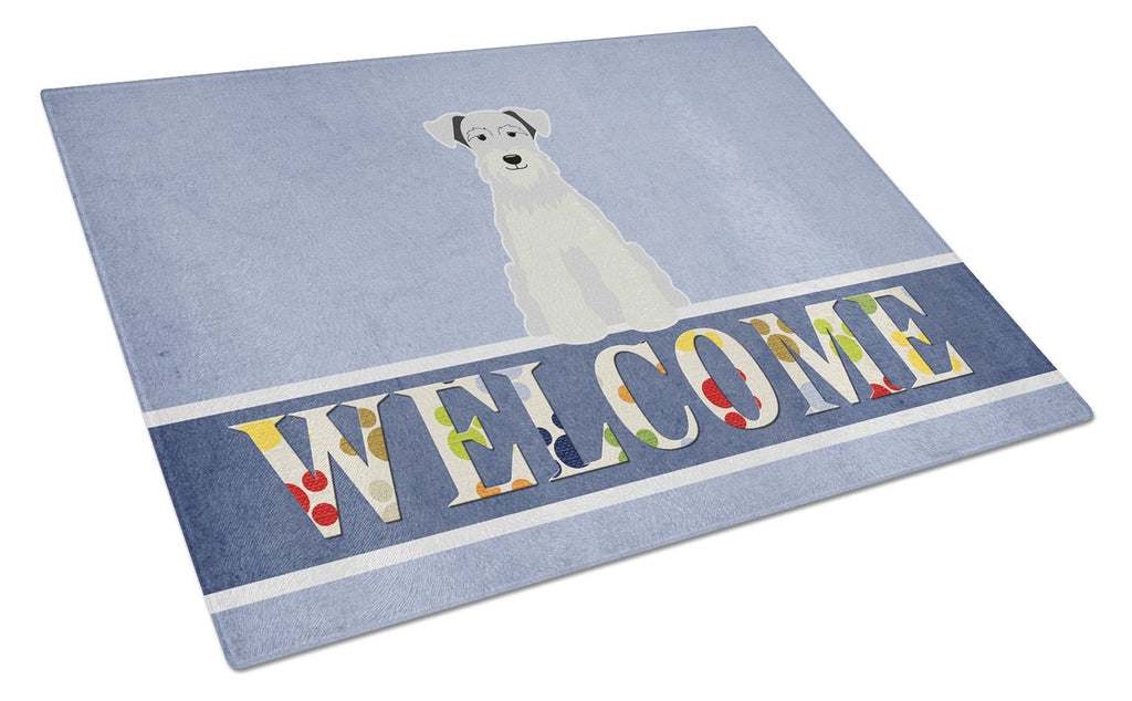 Miniature Schnauzer White Welcome Cutting Board Tempered Glass Kitchen Cutting Surface, Heat Resistant Chopping, Non-Slip Feet, Food Prep & Serving