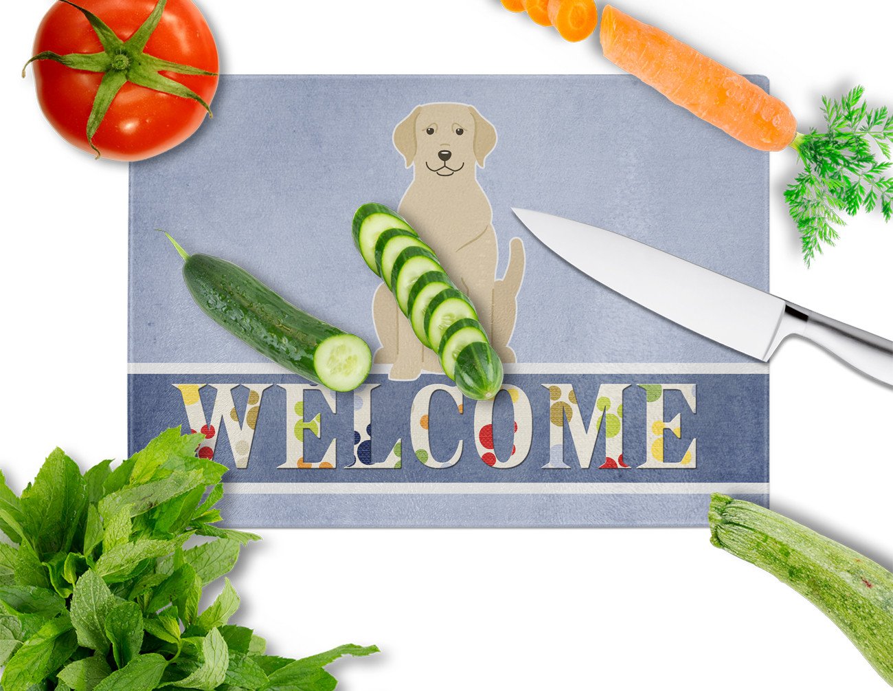 Yellow Labrador Welcome Cutting Board Tempered Glass Kitchen Cutting Surface, Heat Resistant Chopping, Non-Slip Feet, Food Prep & Serving