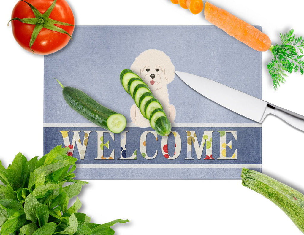 Bichon Frise Welcome Cutting Board Tempered Glass Kitchen Cutting Surface, Heat Resistant Chopping, Non-Slip Feet, Food Prep & Serving
