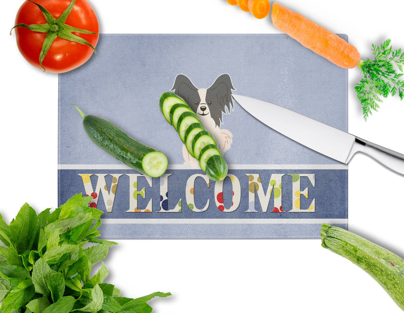 Papillon Black White Welcome Cutting Board Tempered Glass Kitchen Cutting Surface, Heat Resistant Chopping, Non-Slip Feet, Food Prep & Serving
