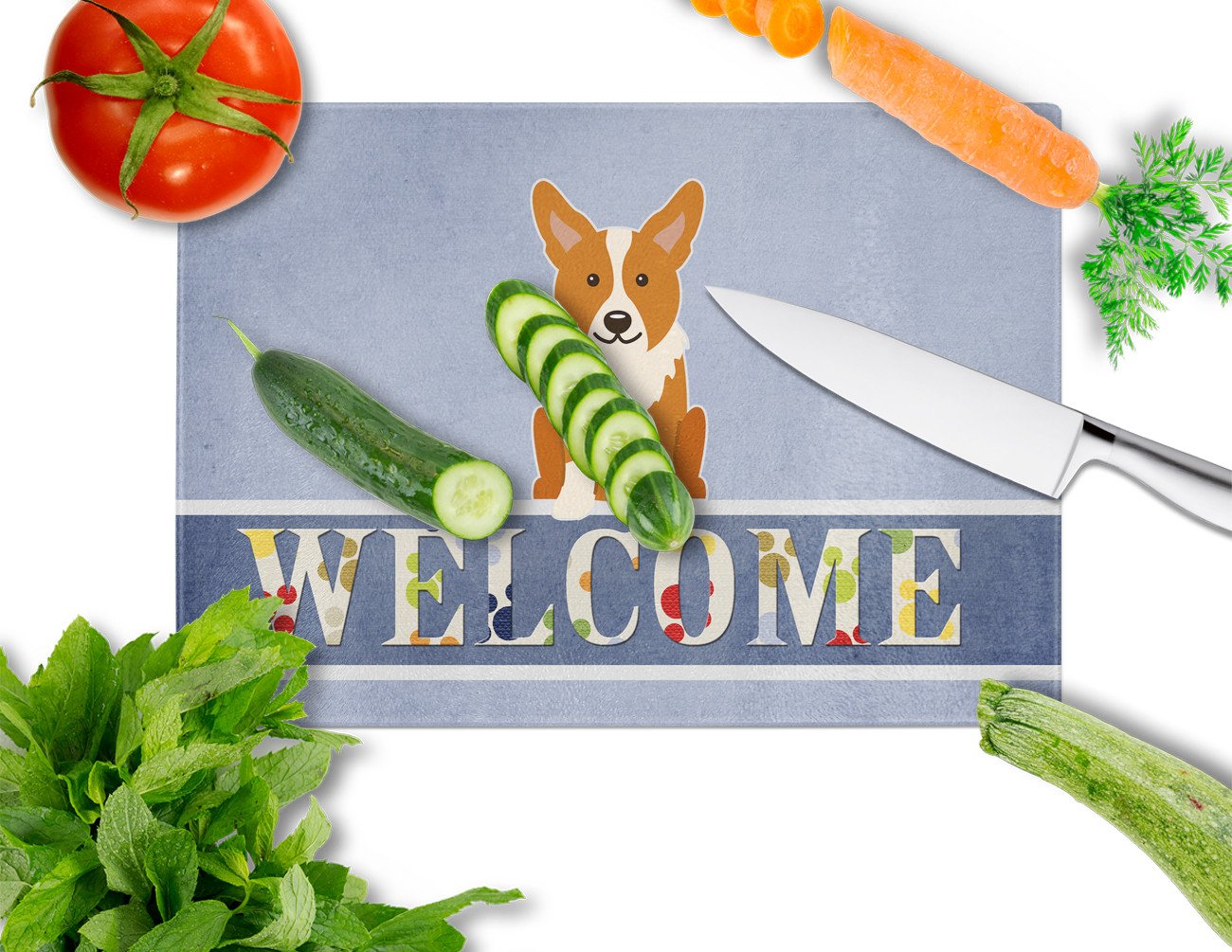 Corgi Welcome Cutting Board Tempered Glass Kitchen Cutting Surface, Heat Resistant Chopping, Non-Slip Feet, Food Prep & Serving