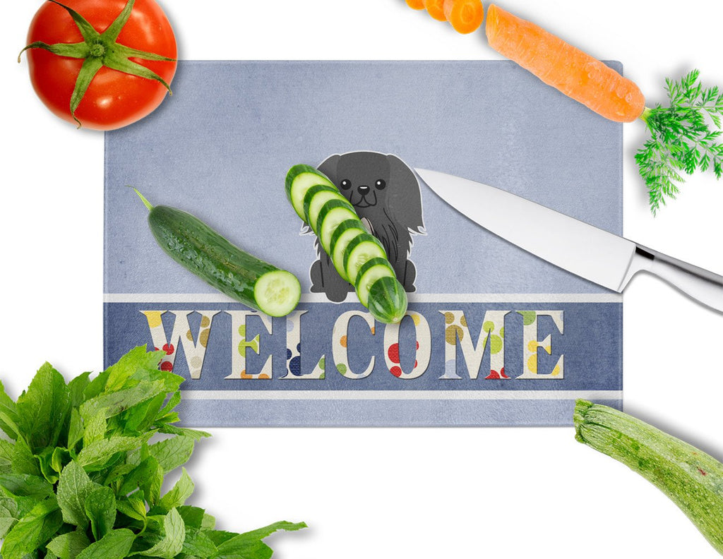 Pekingese Black Welcome Cutting Board Tempered Glass Kitchen Cutting Surface, Heat Resistant Chopping, Non-Slip Feet, Food Prep & Serving