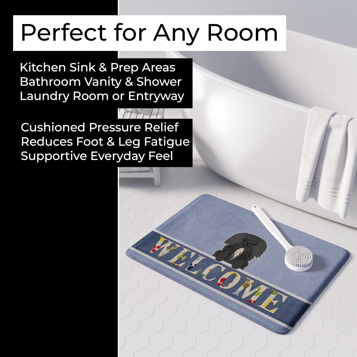 Pekingese Black Welcome Memory Foam Kitchen Mat Machine Washable Anti-Fatigue Cushion Comfort Bath or Kitchen Rug