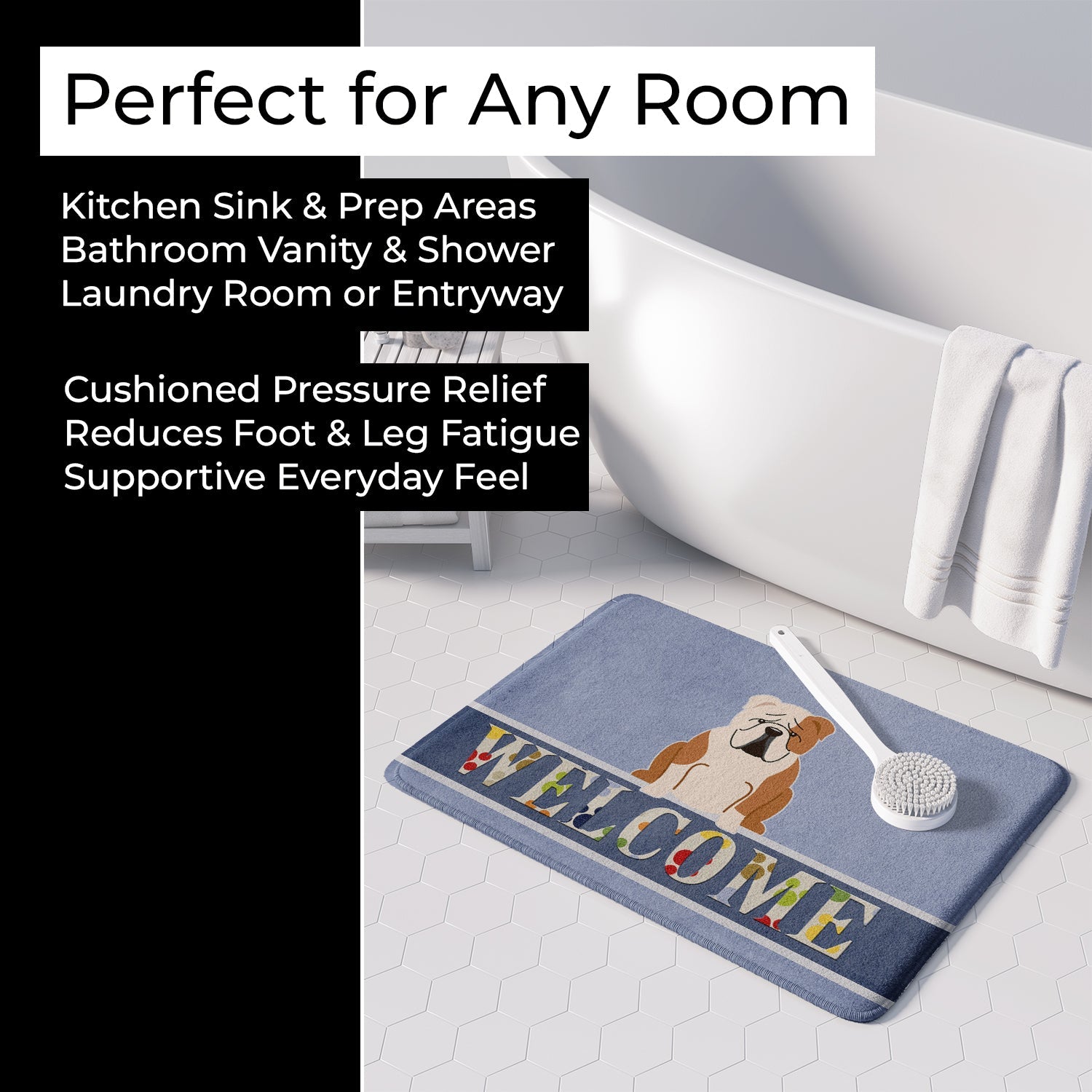 English Bulldog Fawn White Welcome Memory Foam Kitchen Mat Machine Washable Anti-Fatigue Cushion Comfort Bath or Kitchen Rug