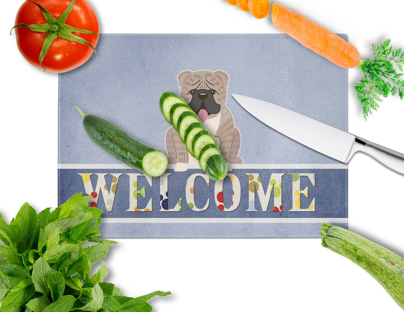 English Bulldog Grey Brindle  Welcome Cutting Board Tempered Glass Kitchen Cutting Surface, Heat Resistant Chopping, Non-Slip Feet, Food Prep & Serving
