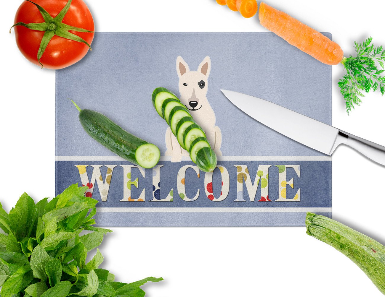 Bull Terrier White Welcome Cutting Board Tempered Glass Kitchen Cutting Surface, Heat Resistant Chopping, Non-Slip Feet, Food Prep & Serving
