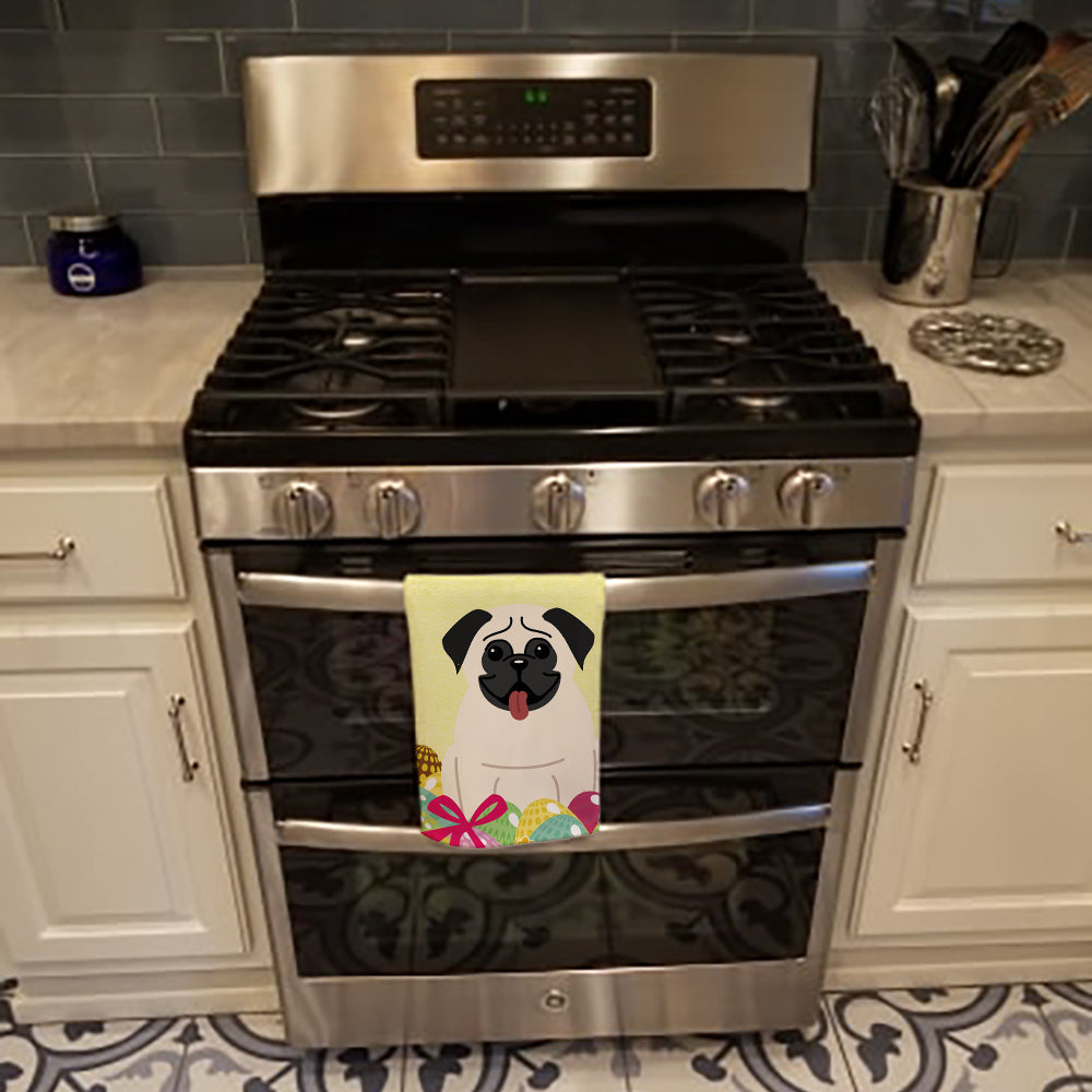 Easter Eggs Pug Cream Kitchen Towel Velour Plush Front and Cotton Loop Back Machine Washable
