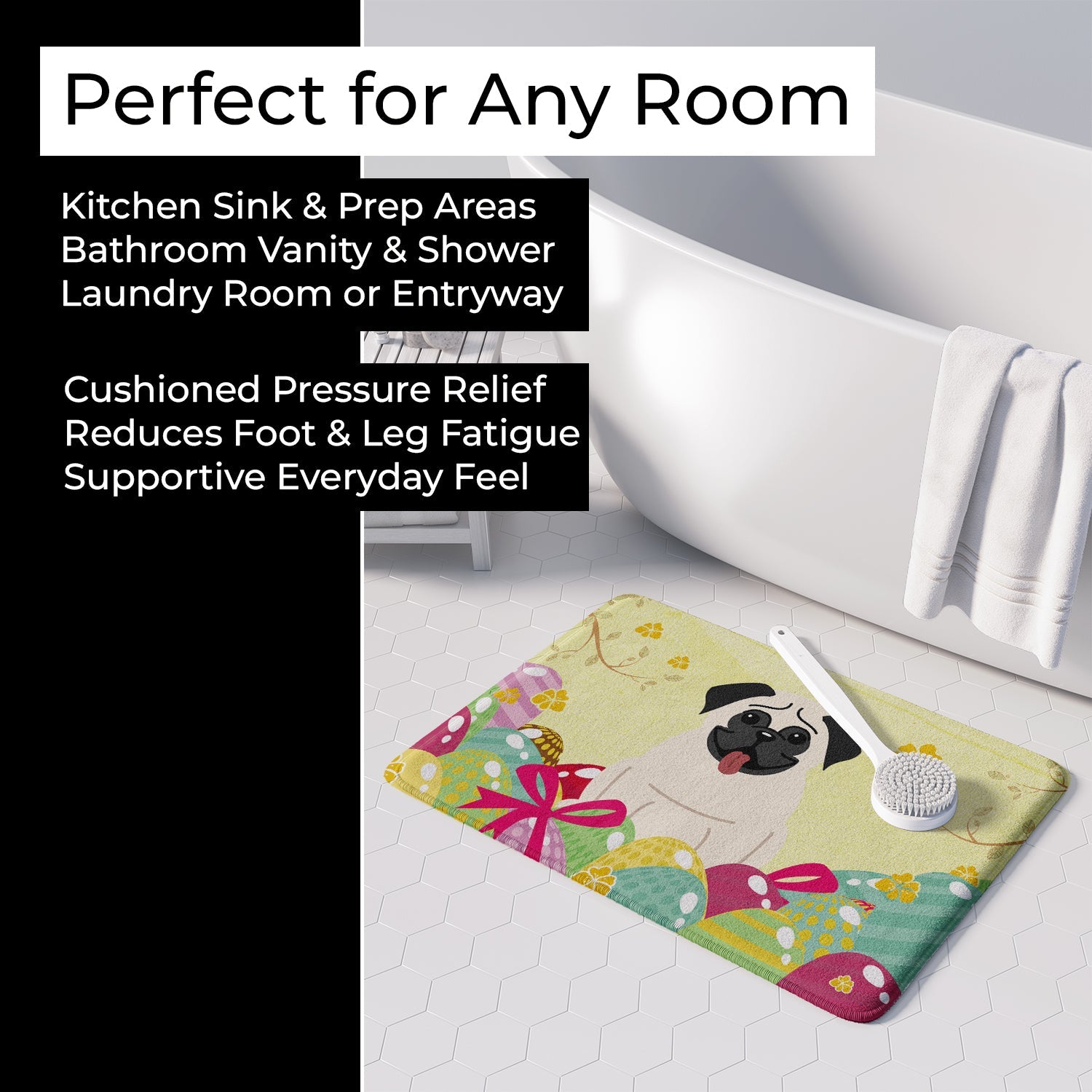 Easter Eggs Pug Cream Memory Foam Kitchen Mat Machine Washable Anti-Fatigue Cushion Comfort Bath or Kitchen Rug