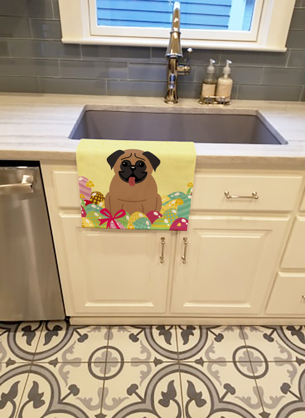 Easter Eggs Pug Brown Kitchen Towel Velour Plush Front and Cotton Loop Back Machine Washable