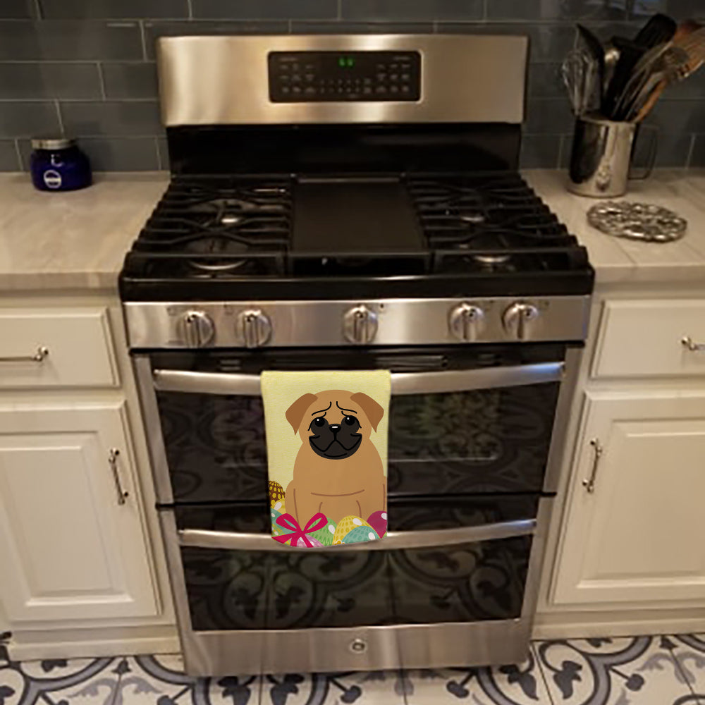 Easter Eggs Pug Brown Kitchen Towel Velour Plush Front and Cotton Loop Back Machine Washable