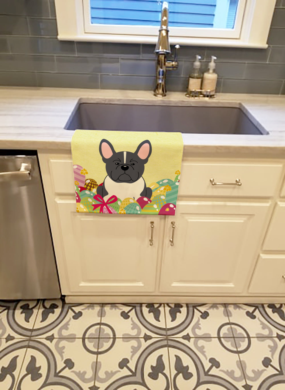 Easter Eggs French Bulldog Black White Kitchen Towel Velour Plush Front and Cotton Loop Back Machine Washable