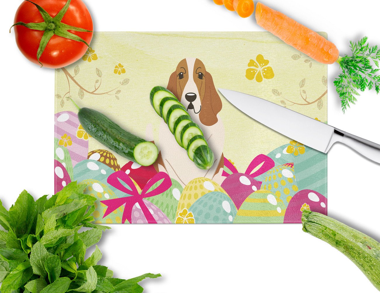 Easter Eggs Basset Hound Cutting Board Tempered Glass Kitchen Cutting Surface, Heat Resistant Chopping, Non-Slip Feet, Food Prep & Serving