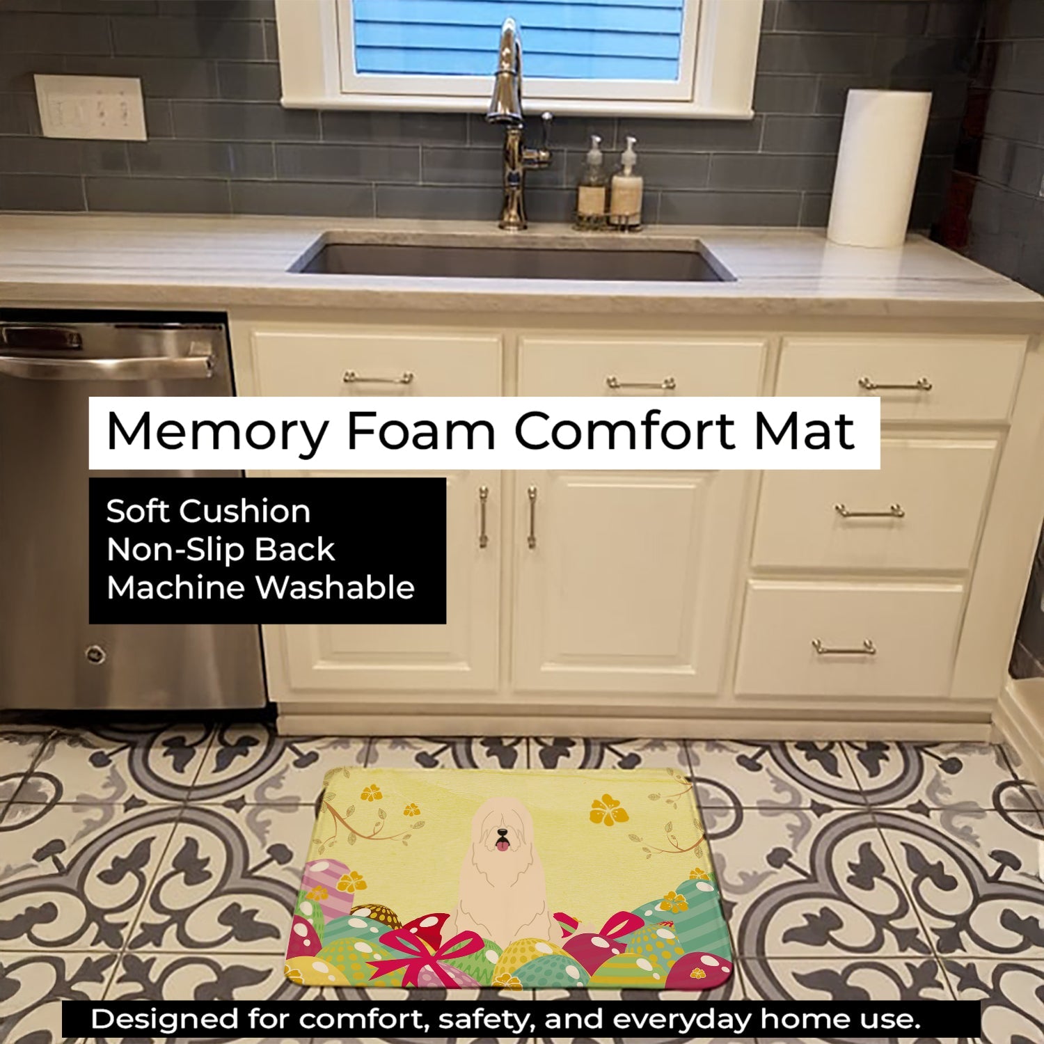 Easter Eggs South Russian Sheepdog Memory Foam Kitchen Mat Machine Washable Anti-Fatigue Cushion Comfort Bath or Kitchen Rug