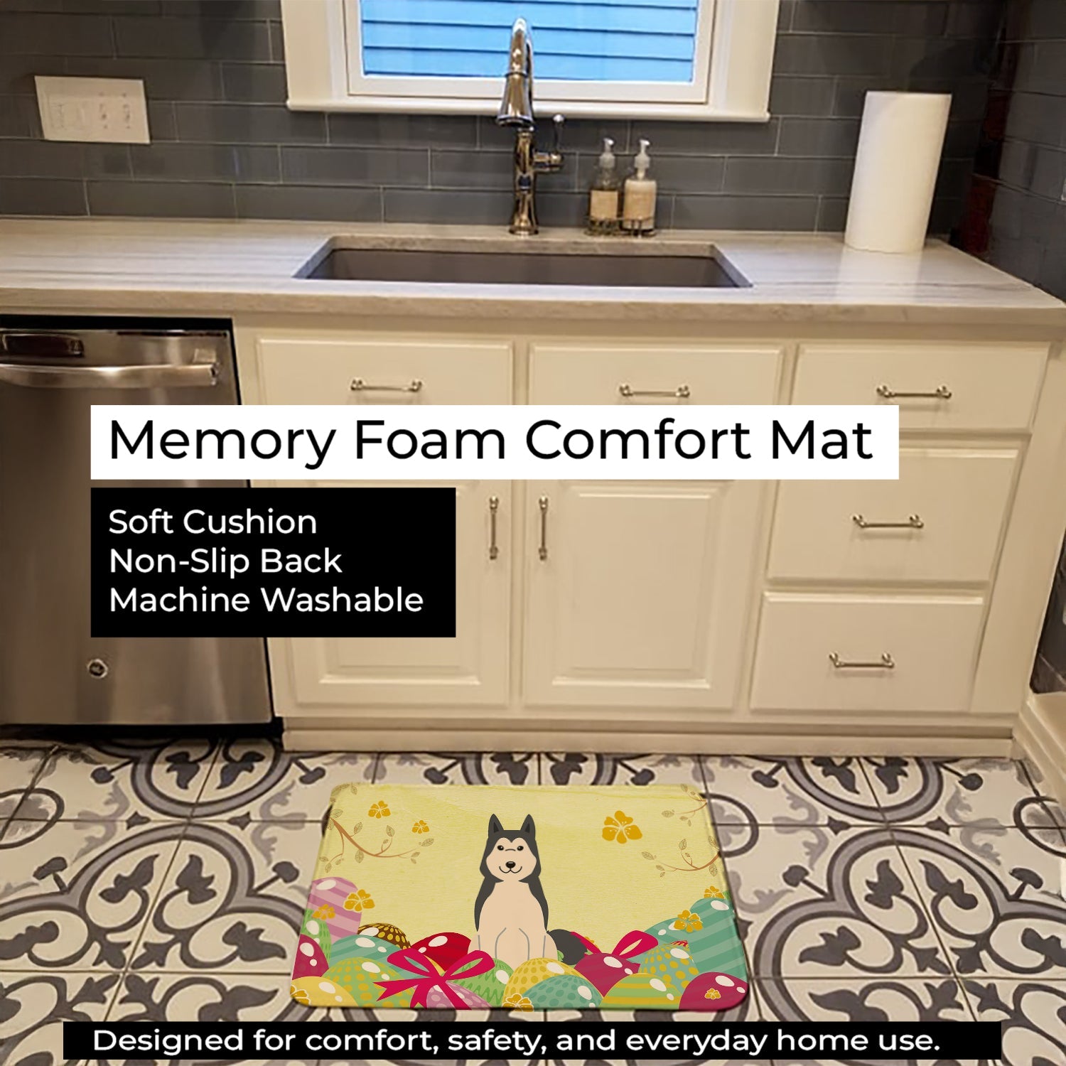 Easter Eggs West Siberian Laika Spitz Memory Foam Kitchen Mat Machine Washable Anti-Fatigue Cushion Comfort Bath or Kitchen Rug