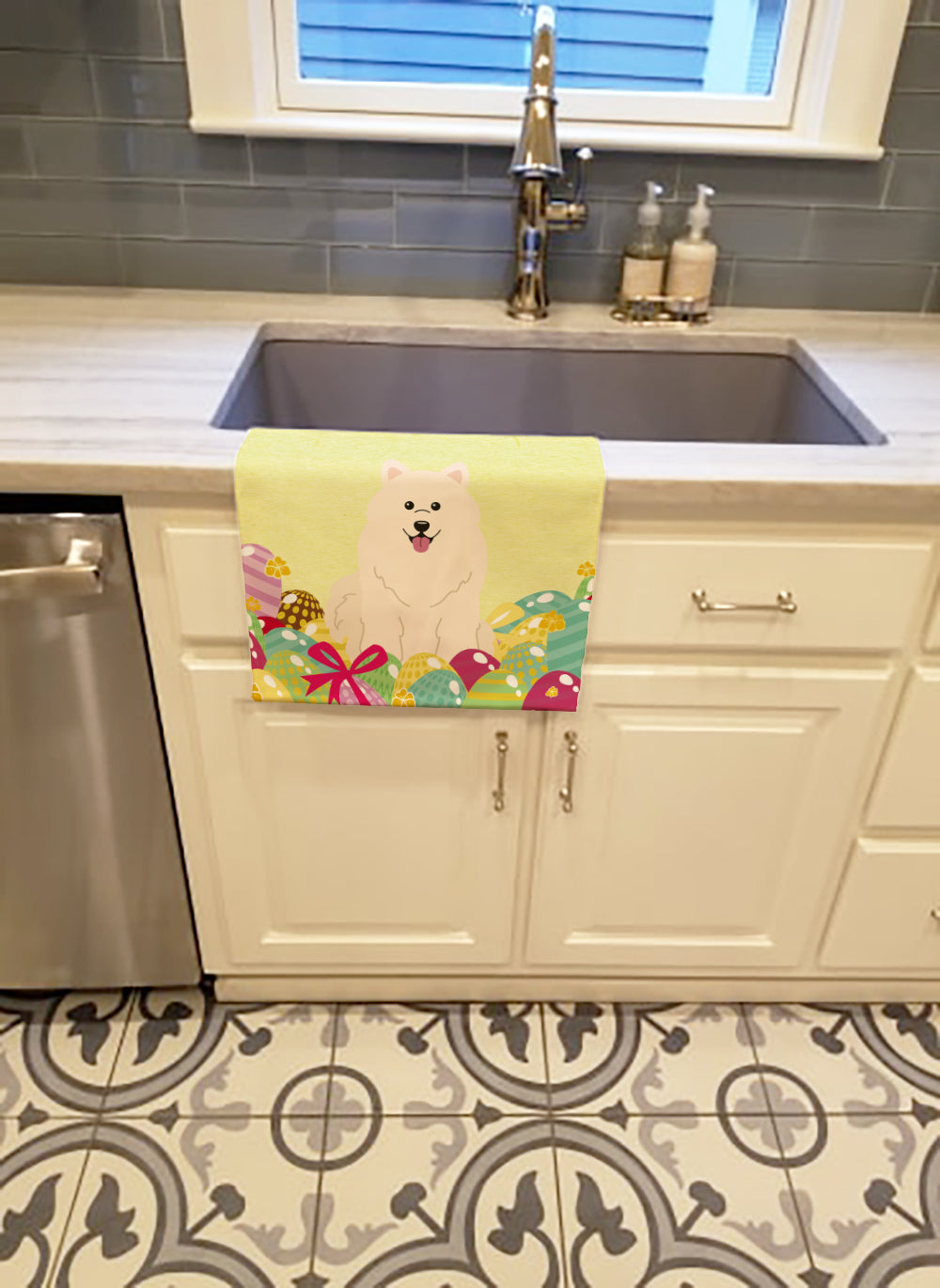 Easter Eggs Samoyed Kitchen Towel Velour Plush Front and Cotton Loop Back Machine Washable