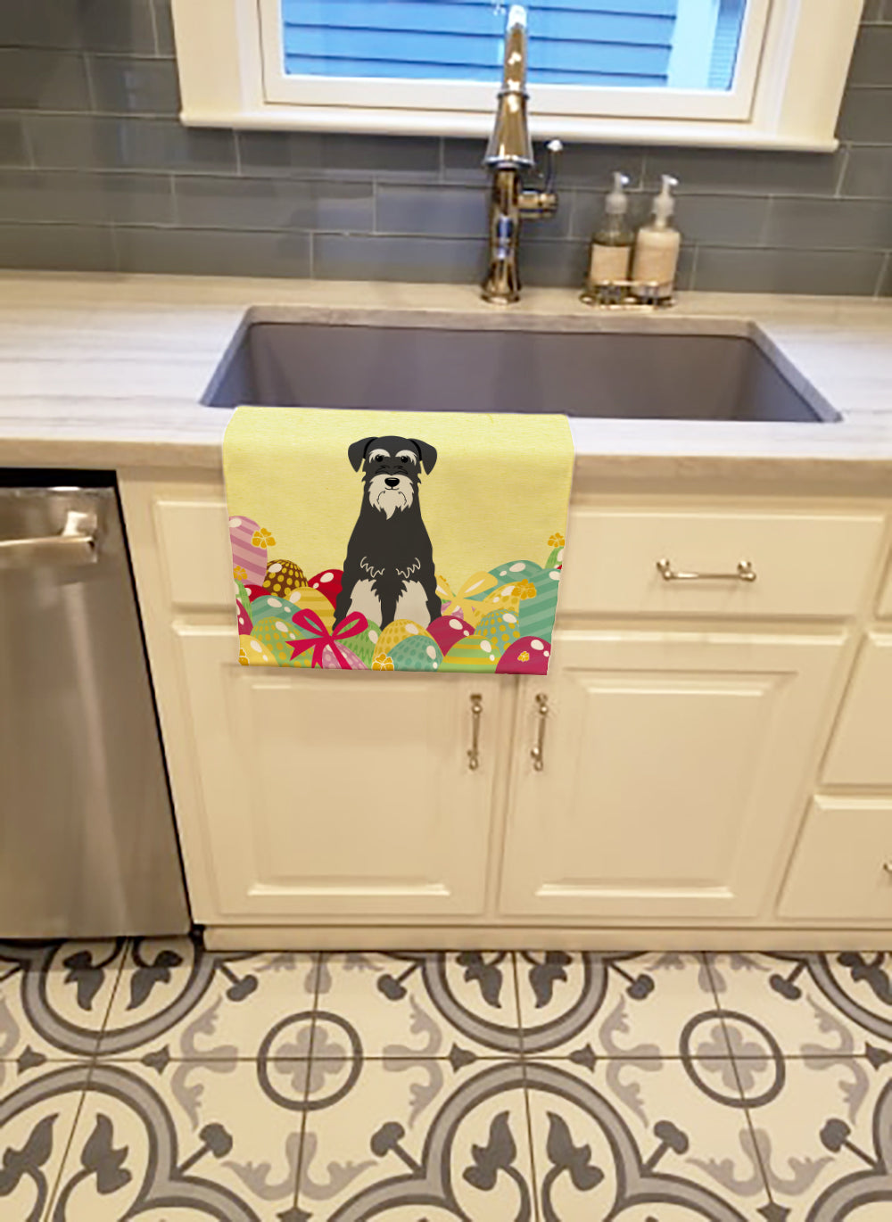 Easter Eggs Standard Schnauzer Salt and Pepper Kitchen Towel Velour Plush Front and Cotton Loop Back Machine Washable