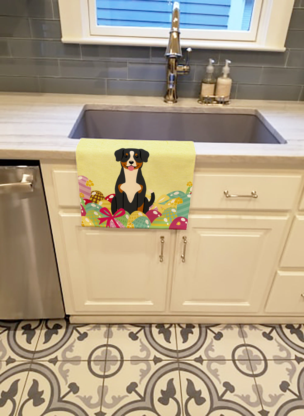 Easter Eggs Entlebucher Kitchen Towel Velour Plush Front and Cotton Loop Back Machine Washable