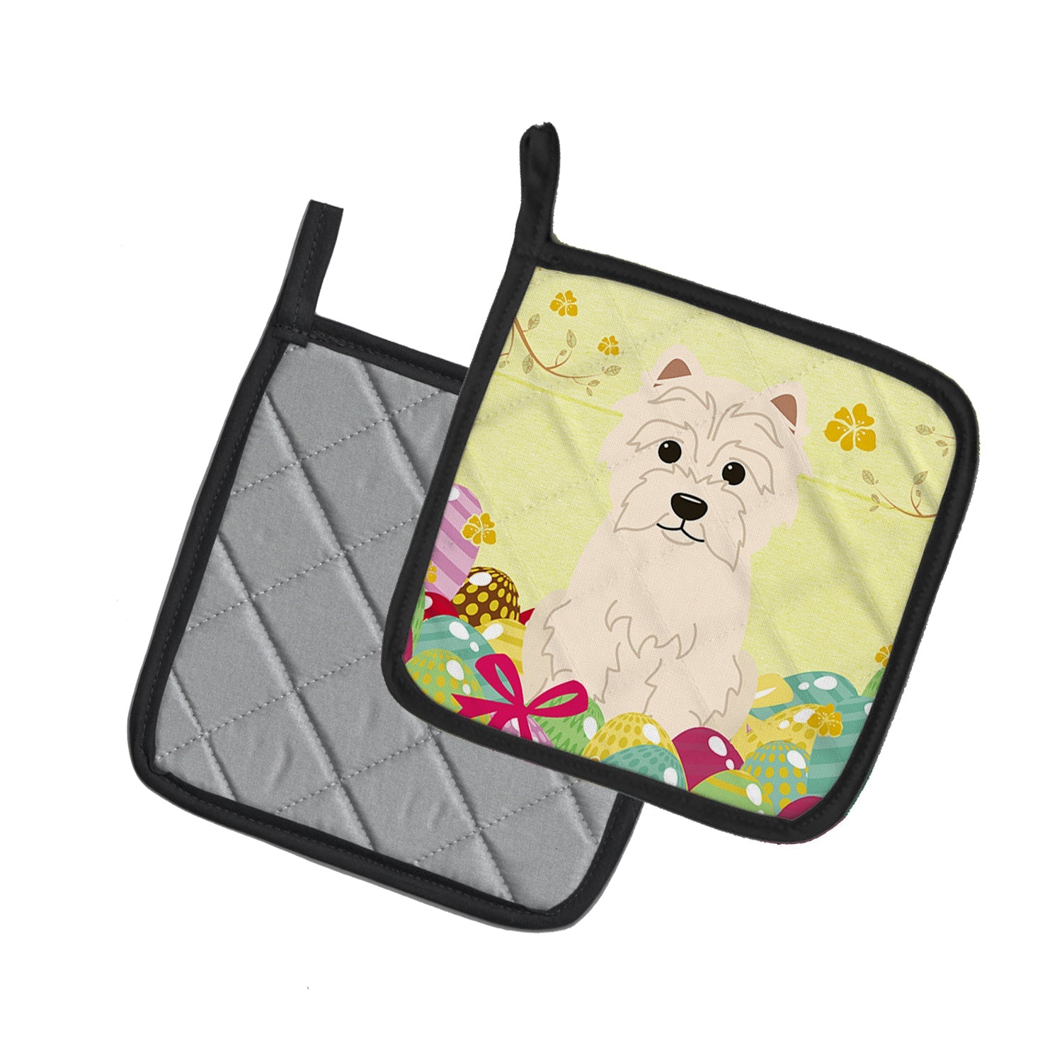 Easter Eggs Westie Pot Holder Set of 2 Heat Resistant Quilted Hot Pads 7.5 x 7.5 Inch, Insulated Kitchen Trivets for Cooking & Baking
