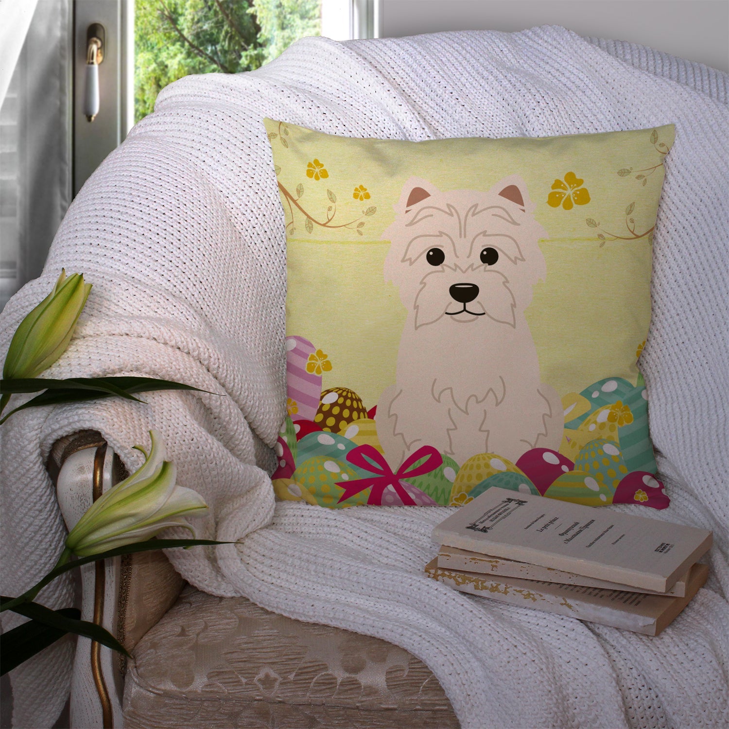 Easter Eggs Westie Decorative Throw Pillow 14x14 Indoor Outdoor Accent Cushion, Fabric Cover with Insert for Sofa, Bed, Porch & Living Room