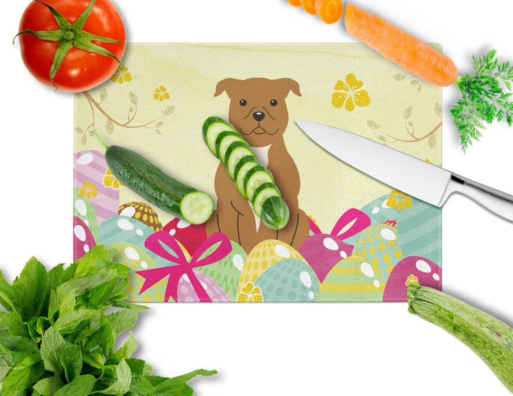 Easter Eggs Staffordshire Bull Terrier Brown Cutting Board Tempered Glass Kitchen Cutting Surface, Heat Resistant Chopping, Non-Slip Feet, Food Prep & Serving
